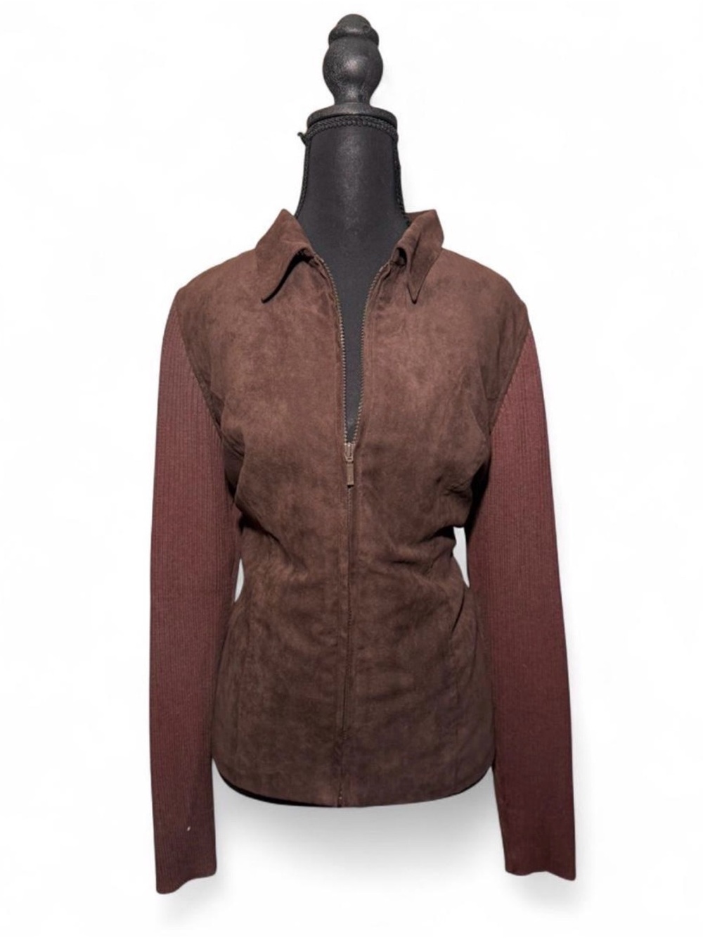 Studio Works Brown Suede Body Jacket with Knit Maroon Sleeves